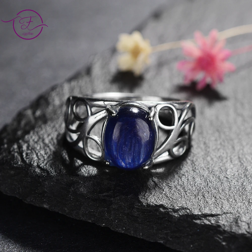 

S925 Sterling Silver Ring Natural 8*10MM Kyanite Ring for Women Wedding Anniversary Gift Fine Jewelry Gemstone Ring