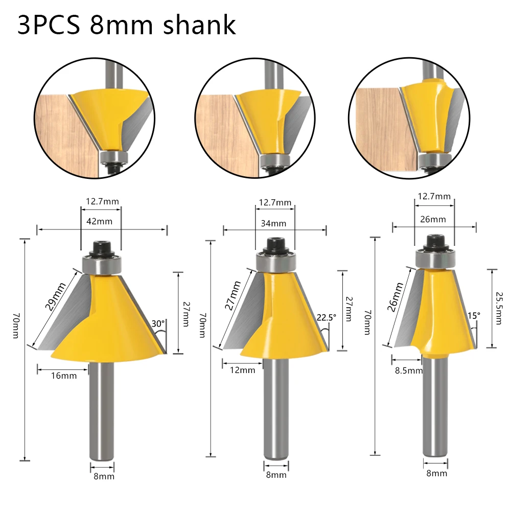 1pc 8mm 6mm 1/4inch 12mm 1/2inchShank Chamfer Router Bit 15 Degree Bevel Edging Milling Cutter for Wood Woodorking Machine Tools