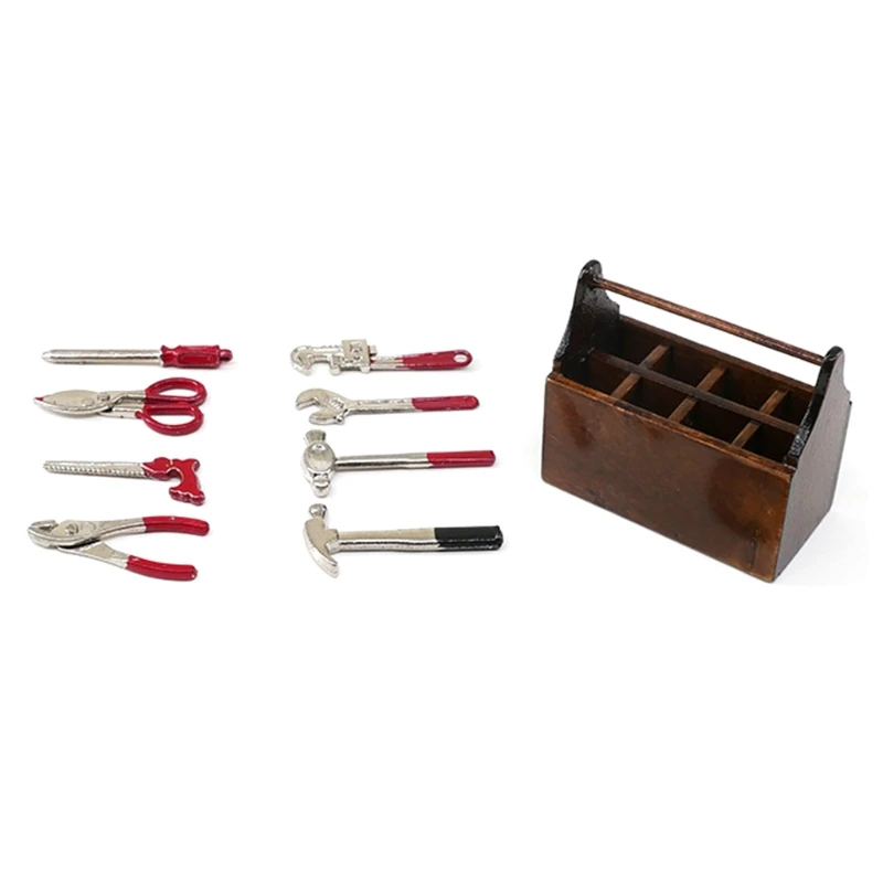 Miniature Wooden Box With Metal Tool Set Collection For 1/12 Dollhouse Decoration