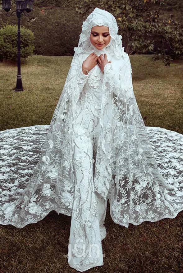 Muslim Wedding Jumpsuits Lace 3D Floral Applique Jewel Neck Country Bridal Gowns Long Sleeve Modest Wedding Robes De Soirée