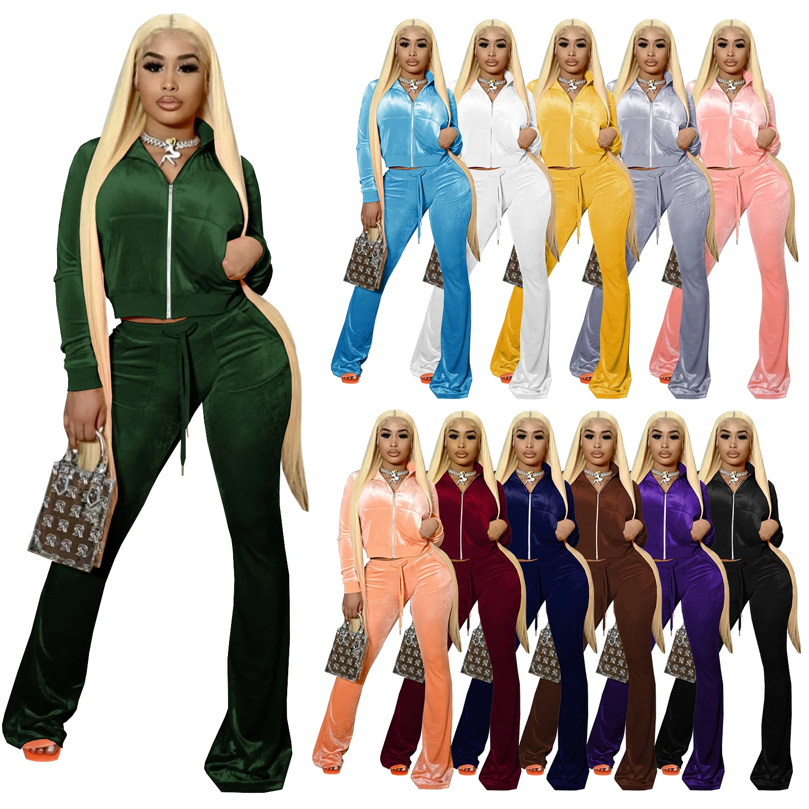 

12 Color Velvet Tracksuit Women Two Piece Set Jacket Top + Wide Leg Sweatpant Matching Set Lounge Wear Sports Wear Jogger Female