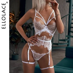 Ellolace-Erótica Hollow Out Lace Lingerie, Conjuntos Exóticos Transparentes, Roupa Interior Sexy, Sutiã Sensual Underwire e Calcinha com Ligas