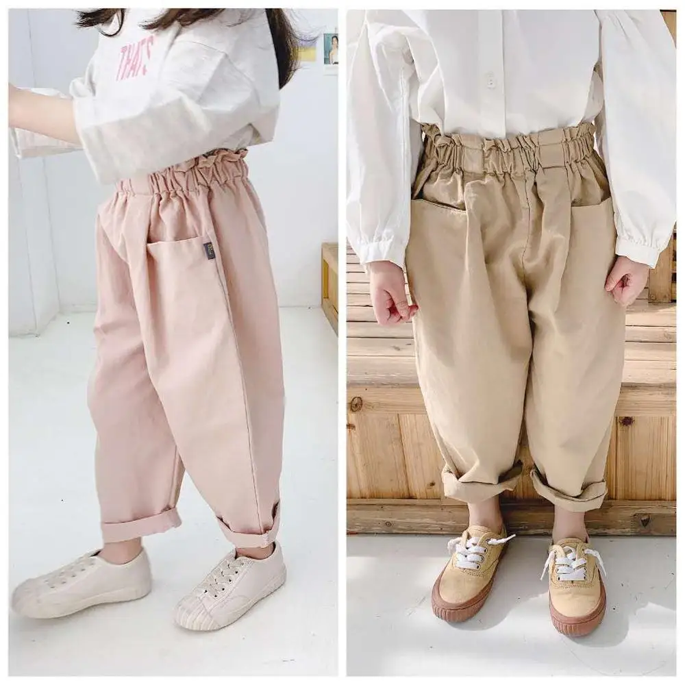 السراويل للفتيات الربيع الصيف الاطفال Trousers غير رسمية الكورية الخريف الحريم Pants غير رسمية القطن بلون عالية الخصر بنطلون