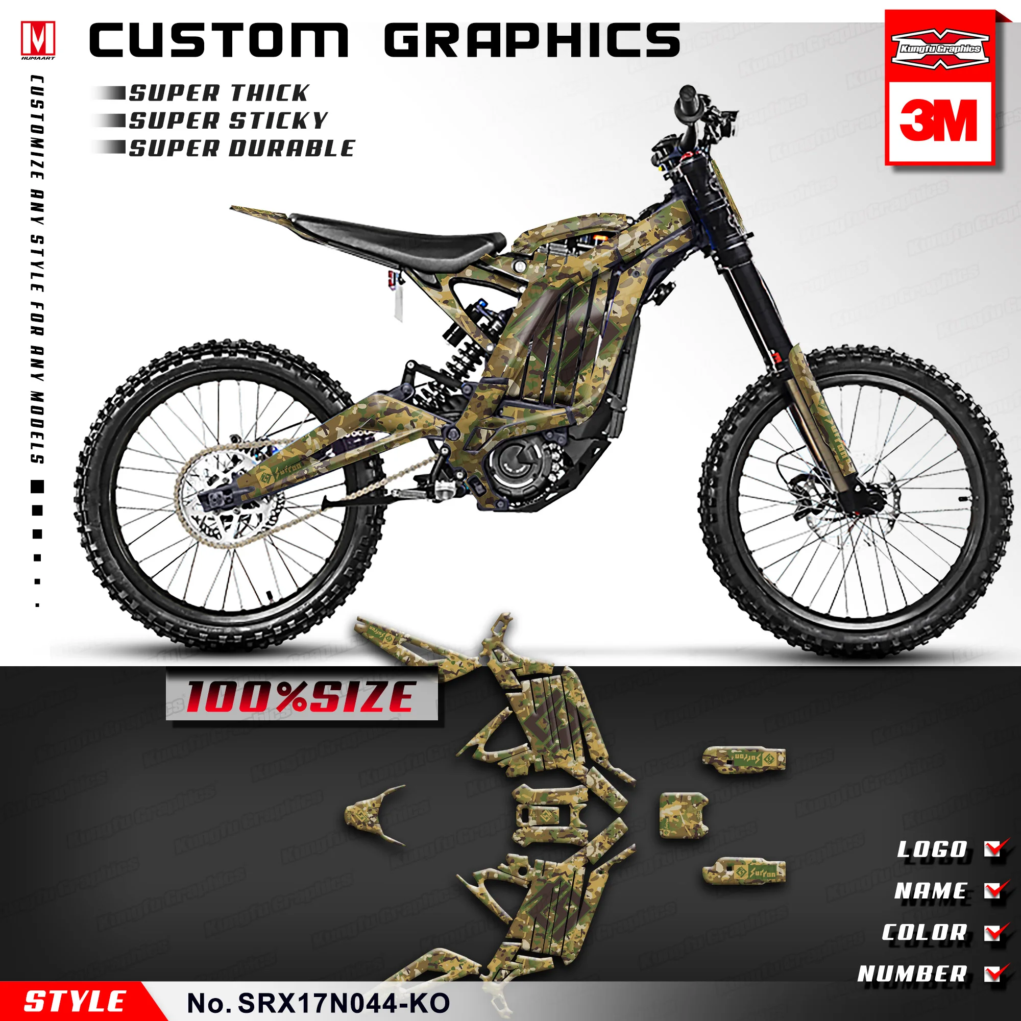 

KUNGFU GRAPHICS Motorcycle Décor Camouflage Stickers Kit for Surron Light Bee X S Dirt eBike, Style No. SRX17N044-KO