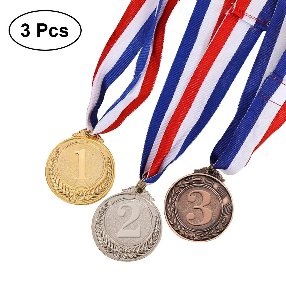 3PCS Metal Award Medals with Neck Ribbon Creative Style Gold Silver Bronze Medal for Sports Academics Competition