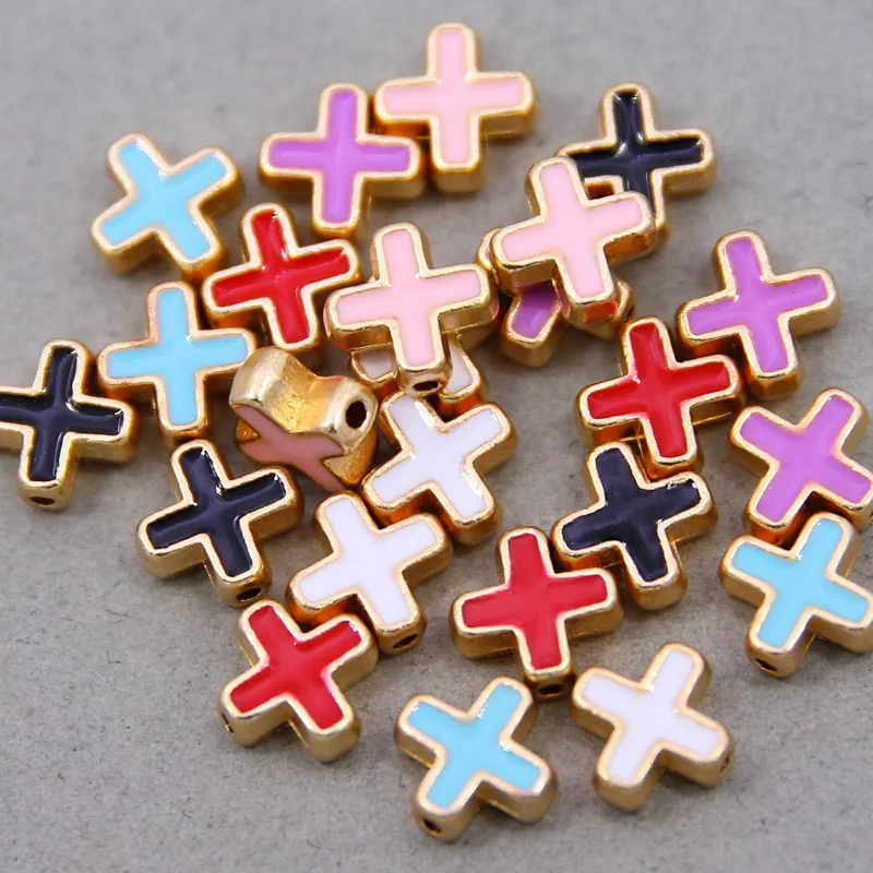 10pcs 10mm Colored Enamel  Beads Cross Beads Handmade Fit For charm Jewelry Making  Cross Spacer Beads Accessories