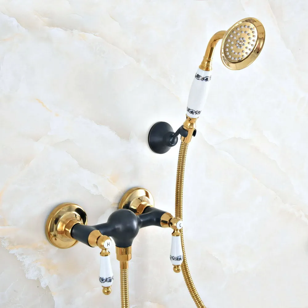 

Black Oil Rubbed & Polished Gold Brass Wall Mounted Bathtub Faucet with Handheld Shower Set +150CM Hose Mixer Tap 2na506