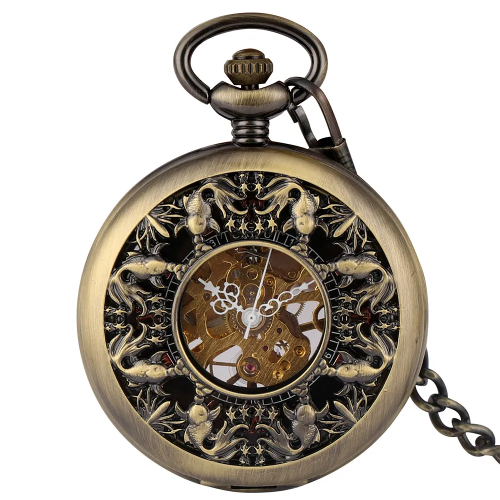 Steampunk Vintage Bronze Goldfishes Mechanical Pocket Watch Men Roman Numerals Display Vintage Thick Chain Pendant Timepiece