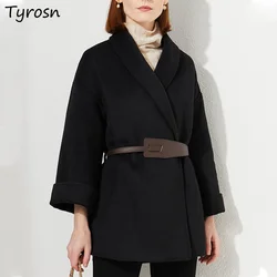 Women Wool Blends Coat Solid Sashes Elegant Femme British Style Woolen Outwear Notched Fashion Design Retro Hepburn All-match