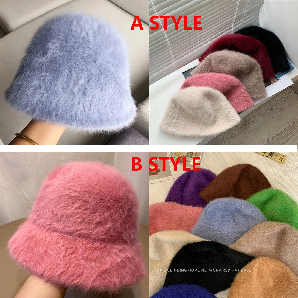 2020 Hat winter women\'s fashion Solid color rabbit fur hat bucket cap  fisherman\'s hat retro knitted wool basin Bucket Hat