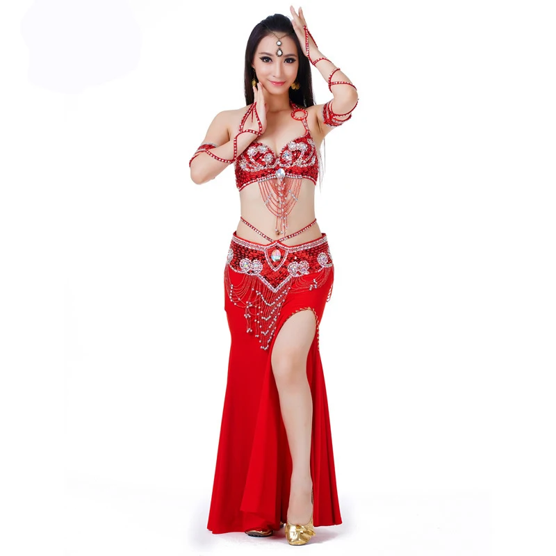 Women Sexy Belly Dance Beaded Top Bra & Belt 2pieces Belly Dance Costume Outfit Set Female Bollytwood Dance Costume 11 Colors