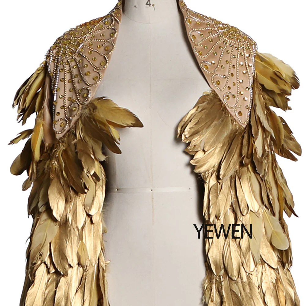 High Quality Dramatic Gold Feather Wedding Cape Floor Length Wedding Gown Jacket for Photo Shoot Pregnancy Shooting Dress YEWEN