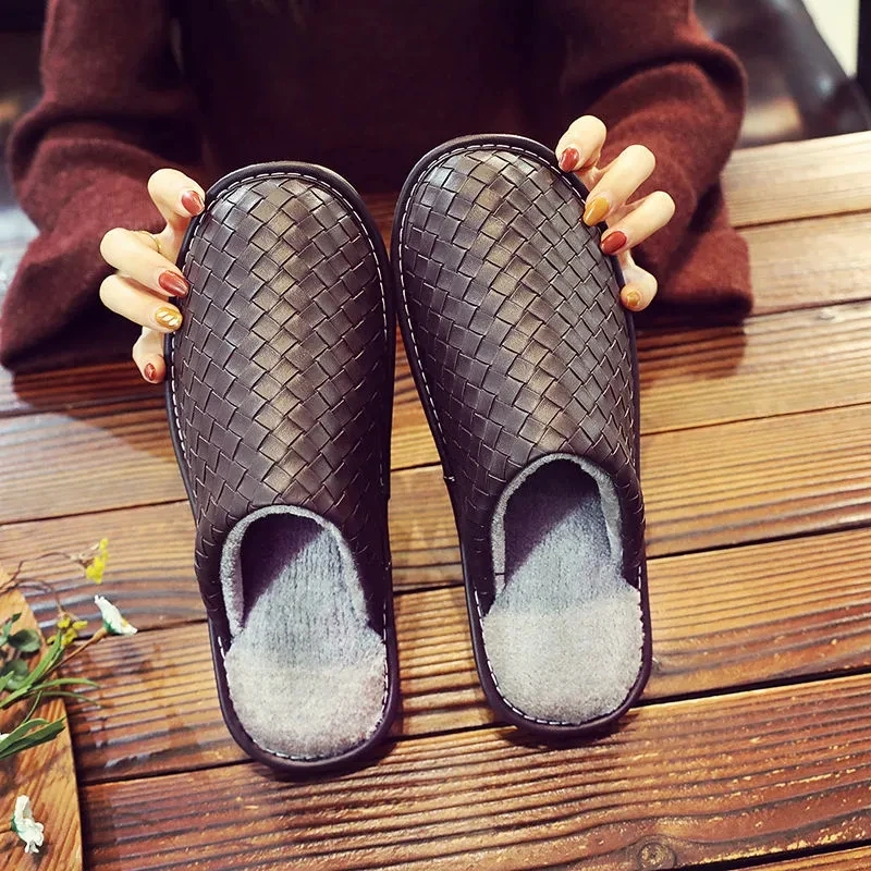 Brand Plaid Leather Handmade Men House Slippers Winter Slip On Soft Comfort Black Brown Bedroom Indoor Flat Men Shoes 2022