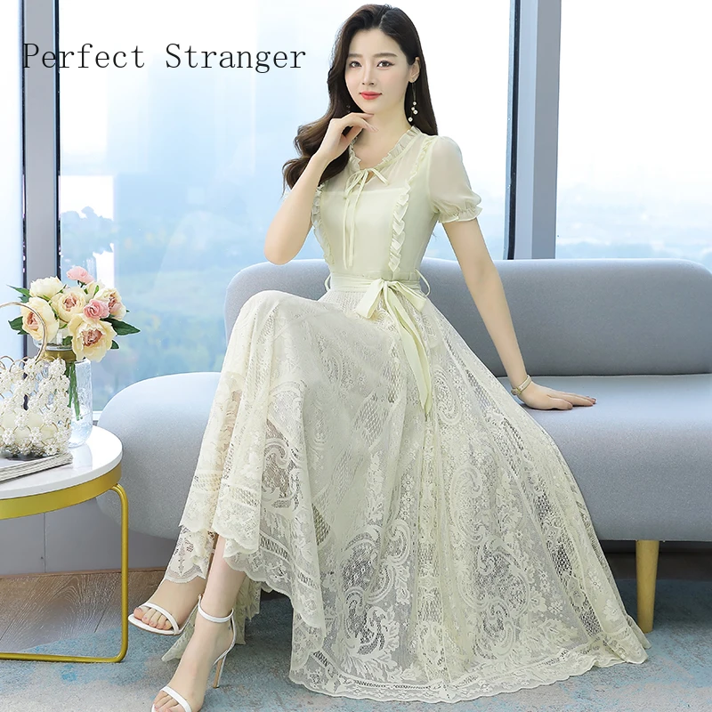 High Quality 2021 Summer Dress For Women Bow  Collar Solid Color  Short Sleeve Women Chiffon Lace  Long Dress