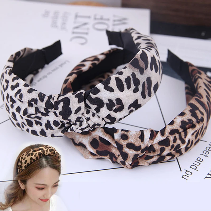 Trendy Leopard Print Hairband New Leather Elastic Wide Side Headband For Women Girl Simple Knot Turban Hair Accessories Headwear