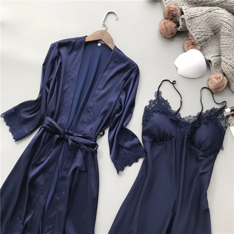 Lisacmvpnel Lace Sexy Women Robe Set V-Neck With Chest Pad Nightdress Cardigan Set Nightwear