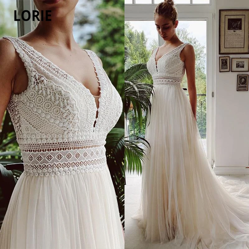 LORIE Bohemian Wedding Dresses V Neck Appliques Lace Tulle Ivory Elegant Customized Gowns A-Line Bride Boho vestidos de novia