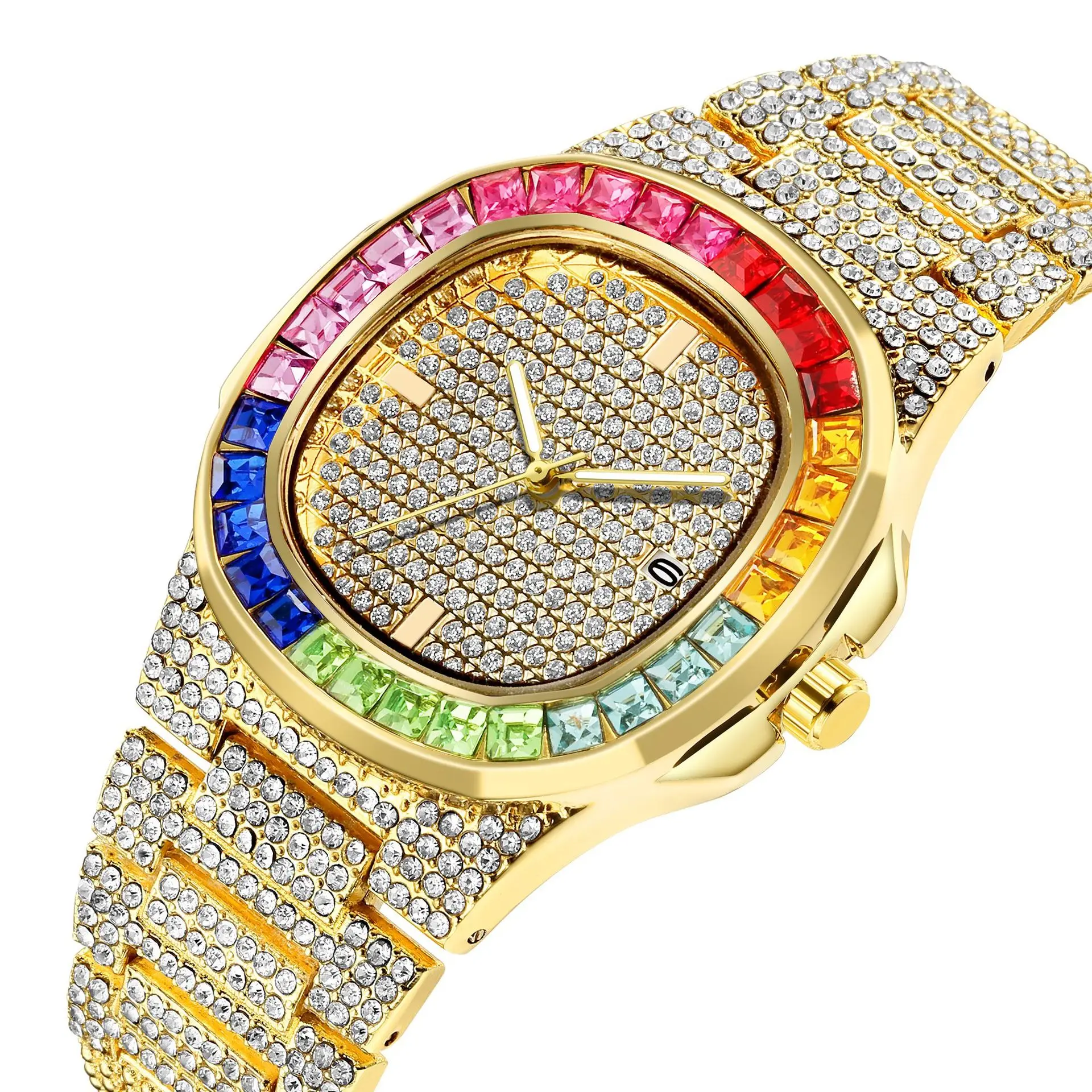 Luxury Iced Out Watches for Men Luxury Hiphop Rapper Gold Watch Men Colorful Rhinestone Quartz Wristwatch Relogio Masculino Gift