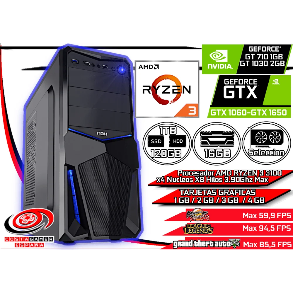 Computer PC Gaming AMD Ryzen 3 3100x8 a 3.90GHz 16GB Ram DDR4 120GB SSD + 1TB HDD + WIFI + GT 710/1030 -GTX 1030/1650 + WIN10