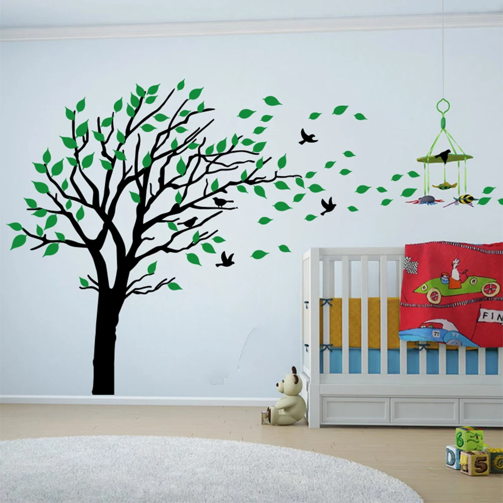 Large Two Colors Tree Leaves Wall Decal Baby Nursery Kids Room Woodland Tree Blowing in The Wind  Wall Sticker Bedroom
