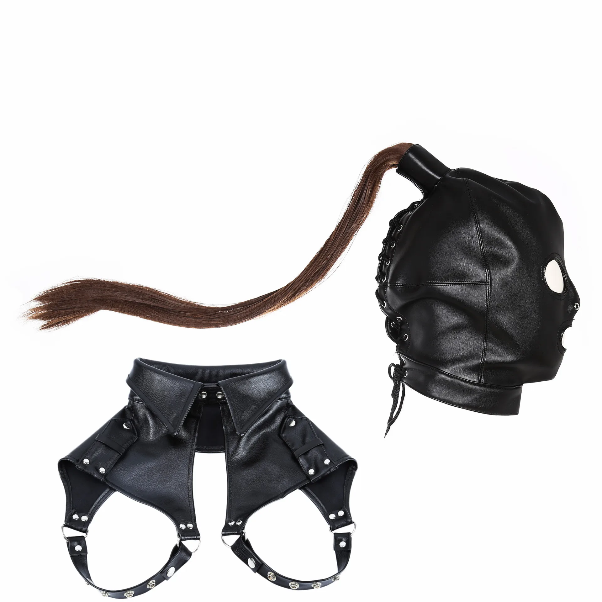 Steampunk Zubehör von Unisex Leder Fetisch Maske mit Haar Pferdeschwanz für Sexy Coplay Rave Festival Brust Gürtel Kopfbedeckungen Outfit