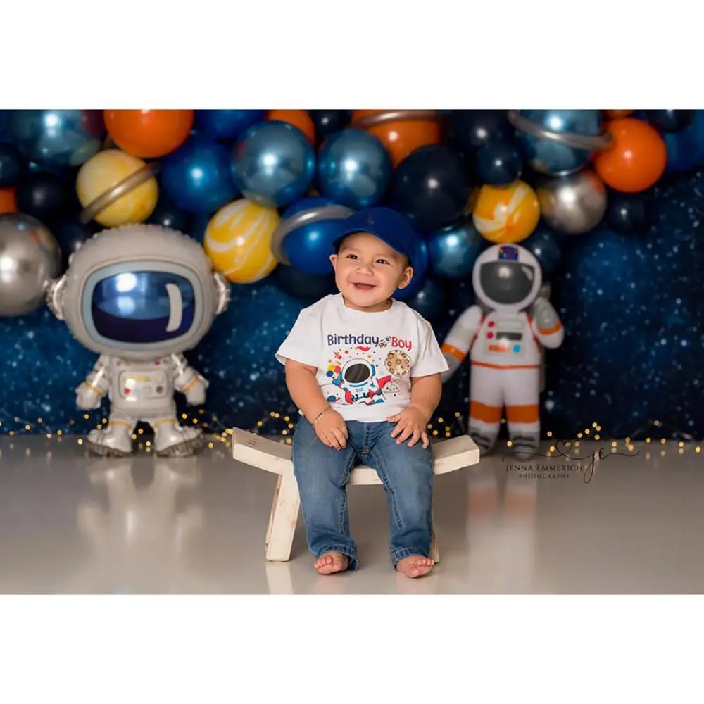 MOCSICKA الفضاء تحت عنوان التصوير خلفية رائد الفضاء 1st حفلة عيد ميلاد ديكور طفل صبي كعكة سحق خلفية لاستوديو الصور