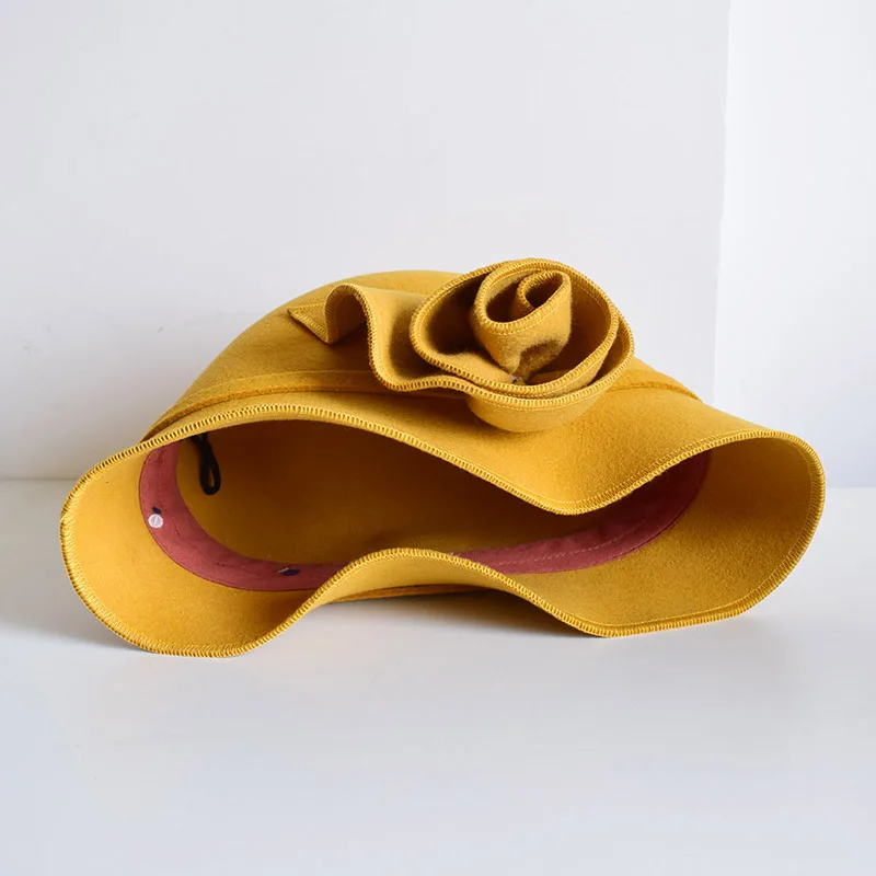 Elegant Floral Yellow Wool Felt Cloche Hats For Women Fedoras Chapeu Feminino Free Shipping PWFE003