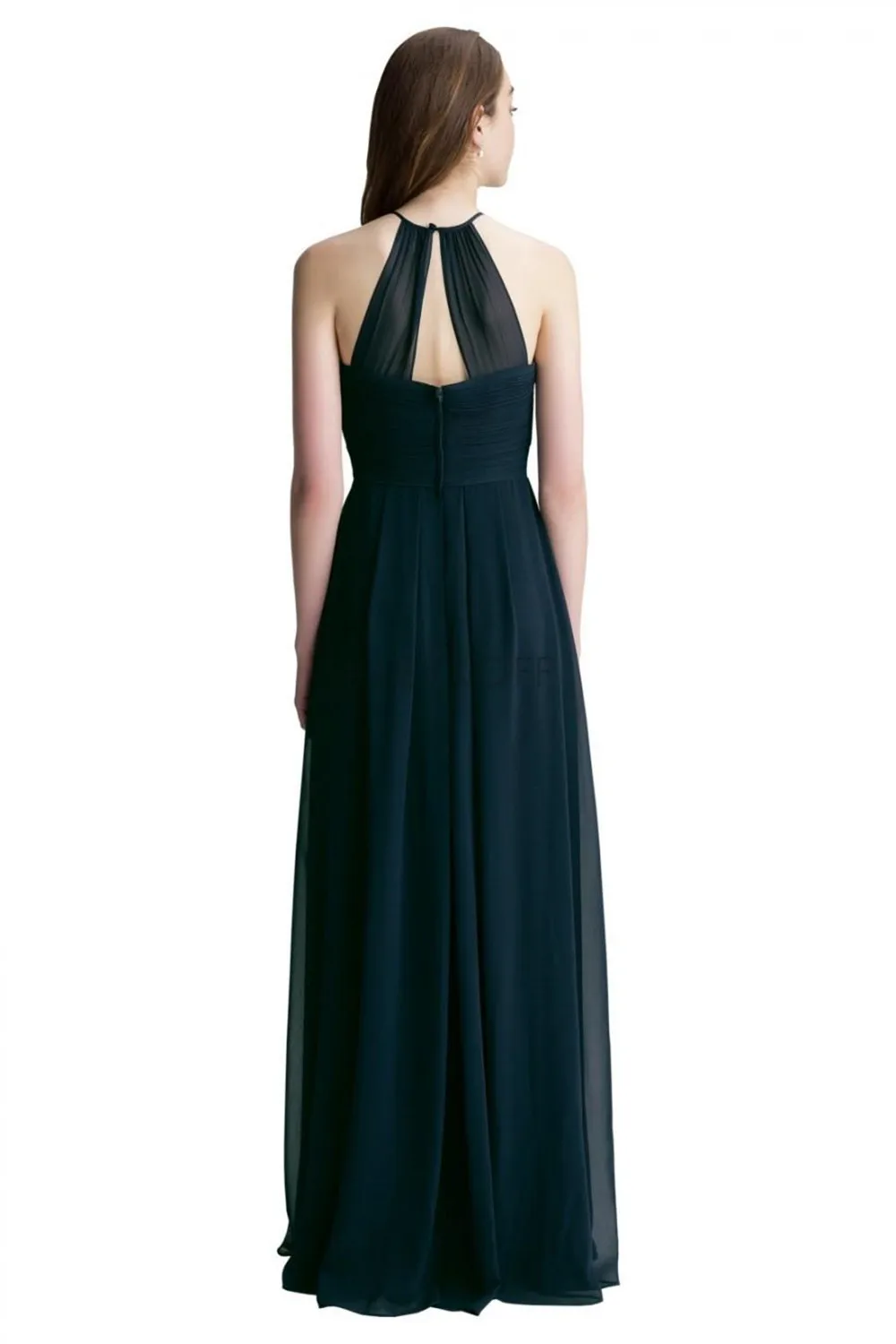 2022 Navy Blue Chiffon Lange Bruidsmeisjekleding Custom Made Pleats Floor Lengte Bruiloft Gast Jurk