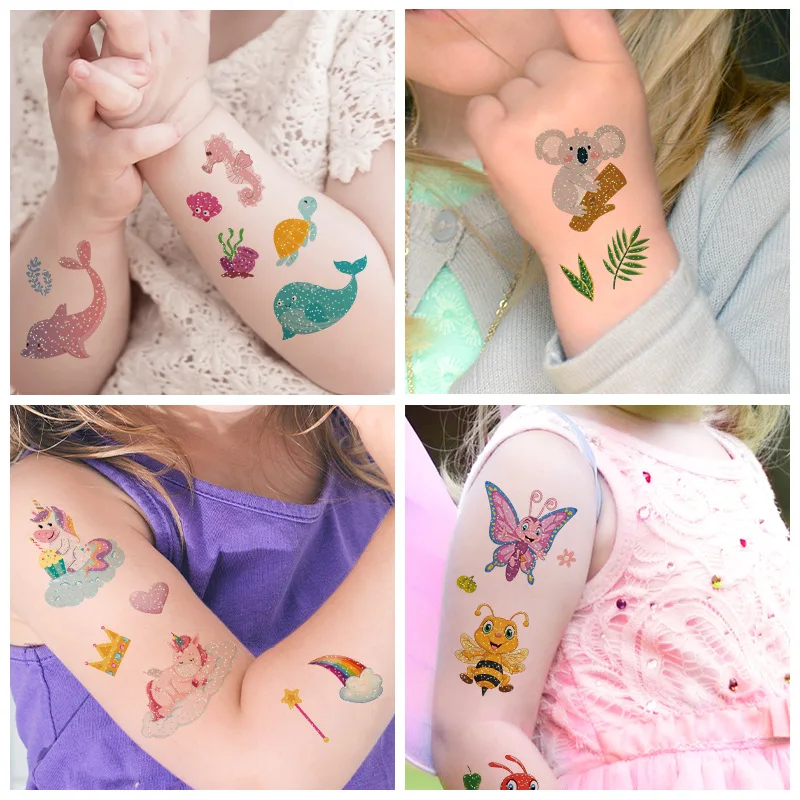 10 Kinds Glitter Powder Tattoos Children Cartoon Cars Dinosaurs Unicorns Mermaid Animal Robot Temporary Body Stickers Disposable