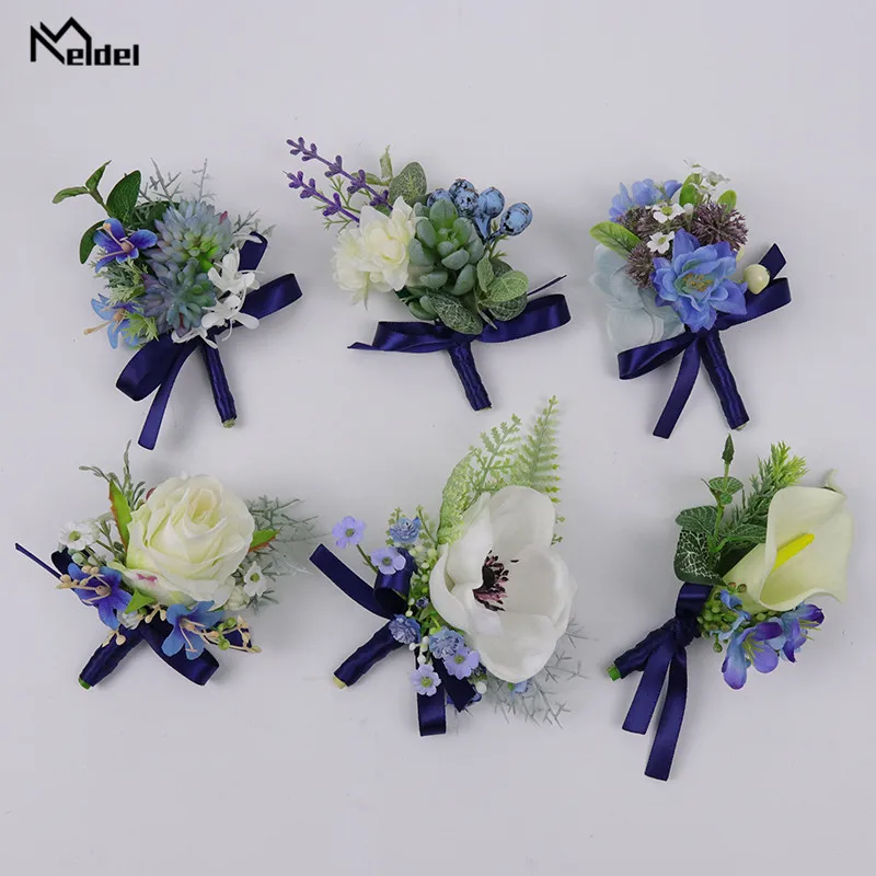 Meldel White Blue Groomsmen Boutonniere Wrist Corsages for Bridesmaids Men Brooch Pins Girl Corsage Bracelet Wedding Silk Flower