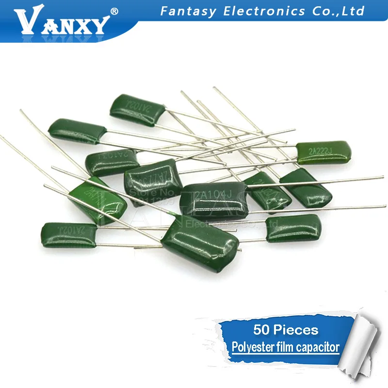 50pcs Polyester film capacitor 100V 1nF 1.5nF 2.2nF 100nF 2A471J 2A102J 2A152J 2A222J 2A392J 2A332J 2A472J 2A103J 2A473J 2A104J