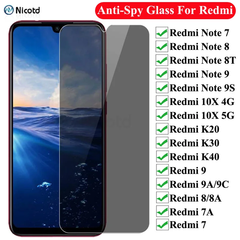 Anti-Spy Tempered Glass For Xiaomi Redmi Note 9 8 7 10 Pro 9S 8T 8A 7A 9A Privacy Screen Protector For Redmi 9 8 K20 K30 K40 Pro