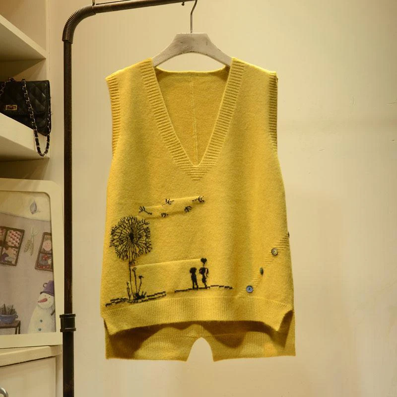 

Embroidered V-neck Knitted Sweater Vest Femal Cartoon Pattern Frill Loose Sleeveless Bottoming Pullover Sweater Vest Women 2023