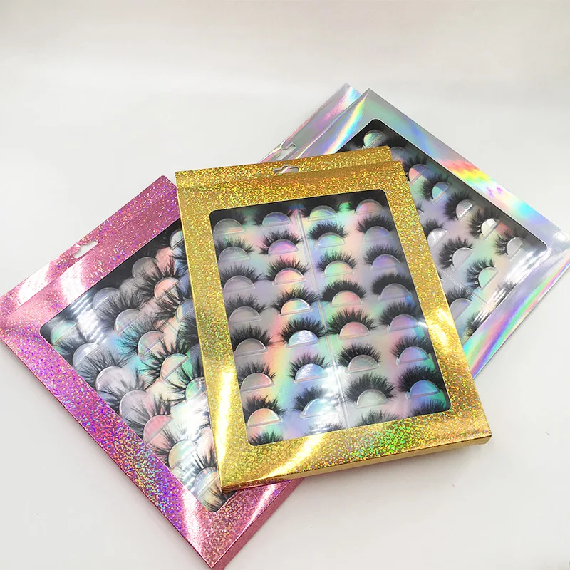 Cruelty Free Dramatic Fluffy Eyelashes Holographic Glitter 16pairs Lash Book with Natural 3D Full Strip Mink Lashes