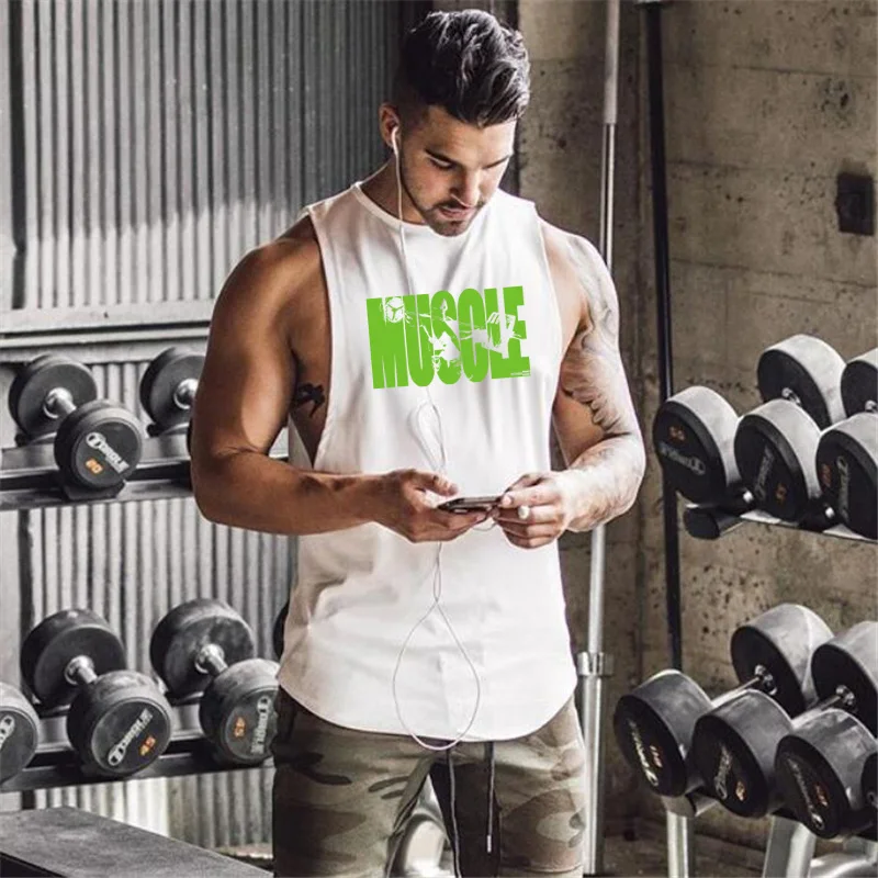 

New Summer cotton gym Clothing Fitness Men Tank Top Mens Bodybuilding Running vest muscle print sport Tanktop Sleeveless T Shirt
