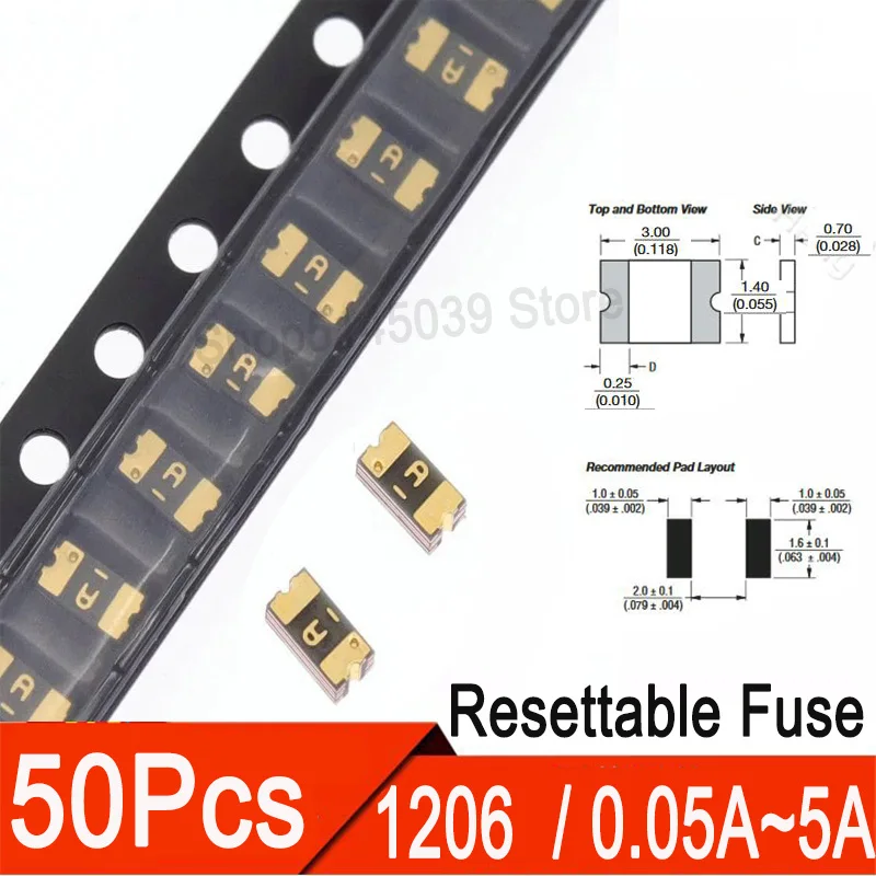 50szt 1206 PPTC SMD Bezpiecznik resetowalny 0.05A 100MA 120MA 0.16A 0.2A 0.25A 0.3A 0.35A 0.5A 0.75A 1A 1.5A 2A 3.5A 4A 5A Bezpiecznik odzyskiwający