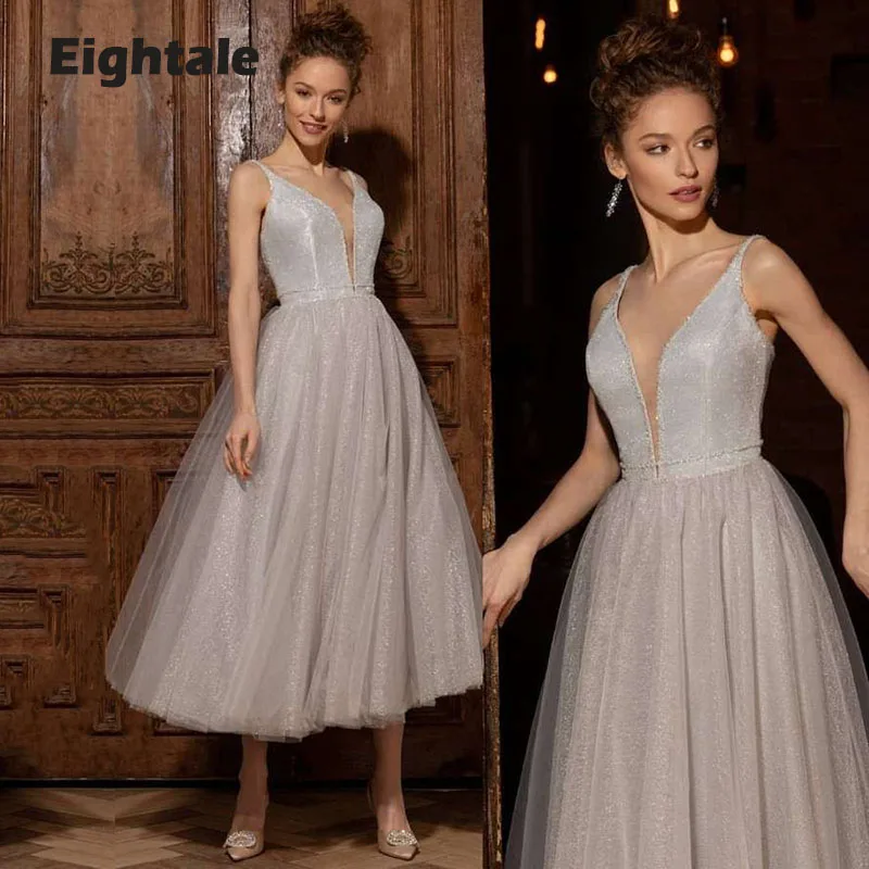 

Eightale New Arrival Prom Dresses V-Neck A-Line Girl Party Gown Celebrity Graduation Dress Glitter Arabic Evening Gown 2021