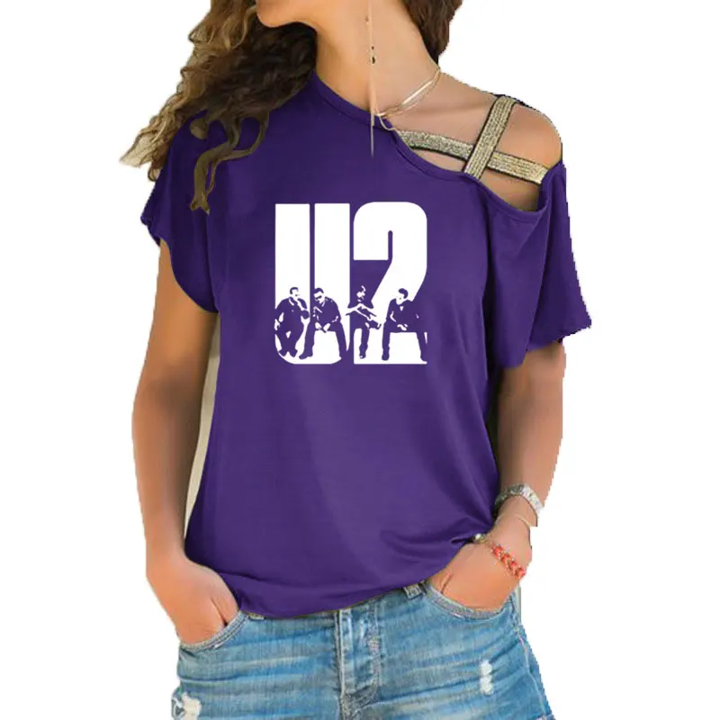 New Summer Lovely U2 band printing T Shirt Women Short Sleeve Hip Hop Rock Girls T-shirt Irregular Skew Cross Bandage Tee Tops