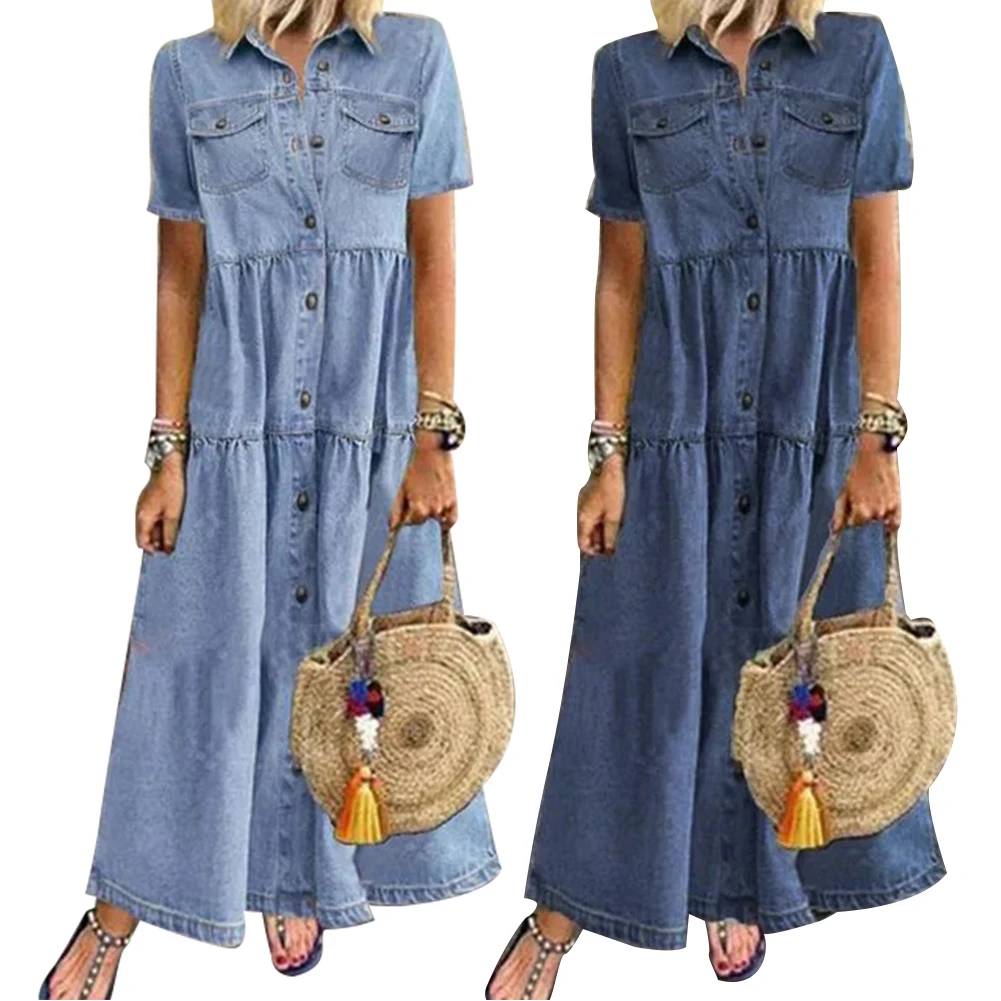 Retro Quần Jean Đầm Nữ Ngắn Tay Cổ Gập Túi Nút Dài Rời Denim Váy Đầm Áo Quần Áo