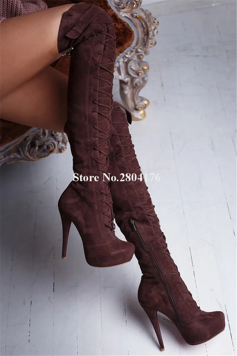 Elegant Women Round Toe Platform Stiletto Heel Over Knee Boots Lace-up Brown Suede Long High Heel Boots Slim Dress Shoes