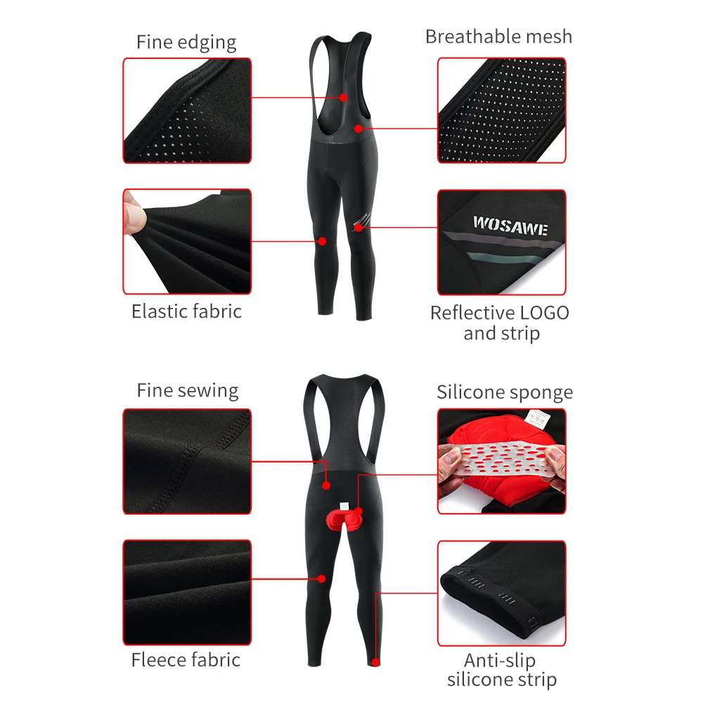 WOSAWE Men's Winter Bib Pant Tight Fleece Thermal Mountain Bike Gel Padded MTB Bike Long Pant Windproof Warm Cycling Bib Shorts