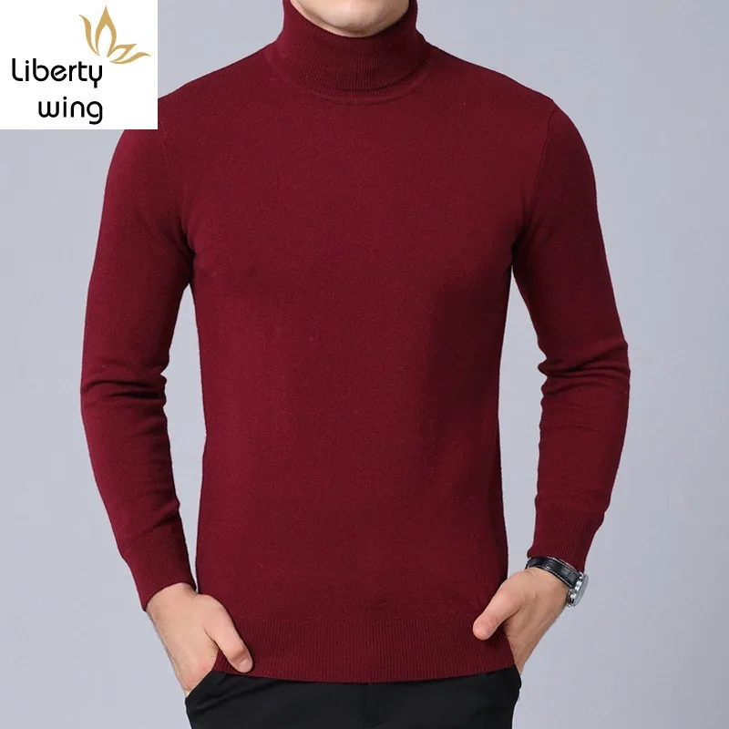 

Men Turtleneck Luxury 100% Wool Knitted Casual Warm Long Sleeve Pullover Autumn Winter Solid Slim High Neck Sweater