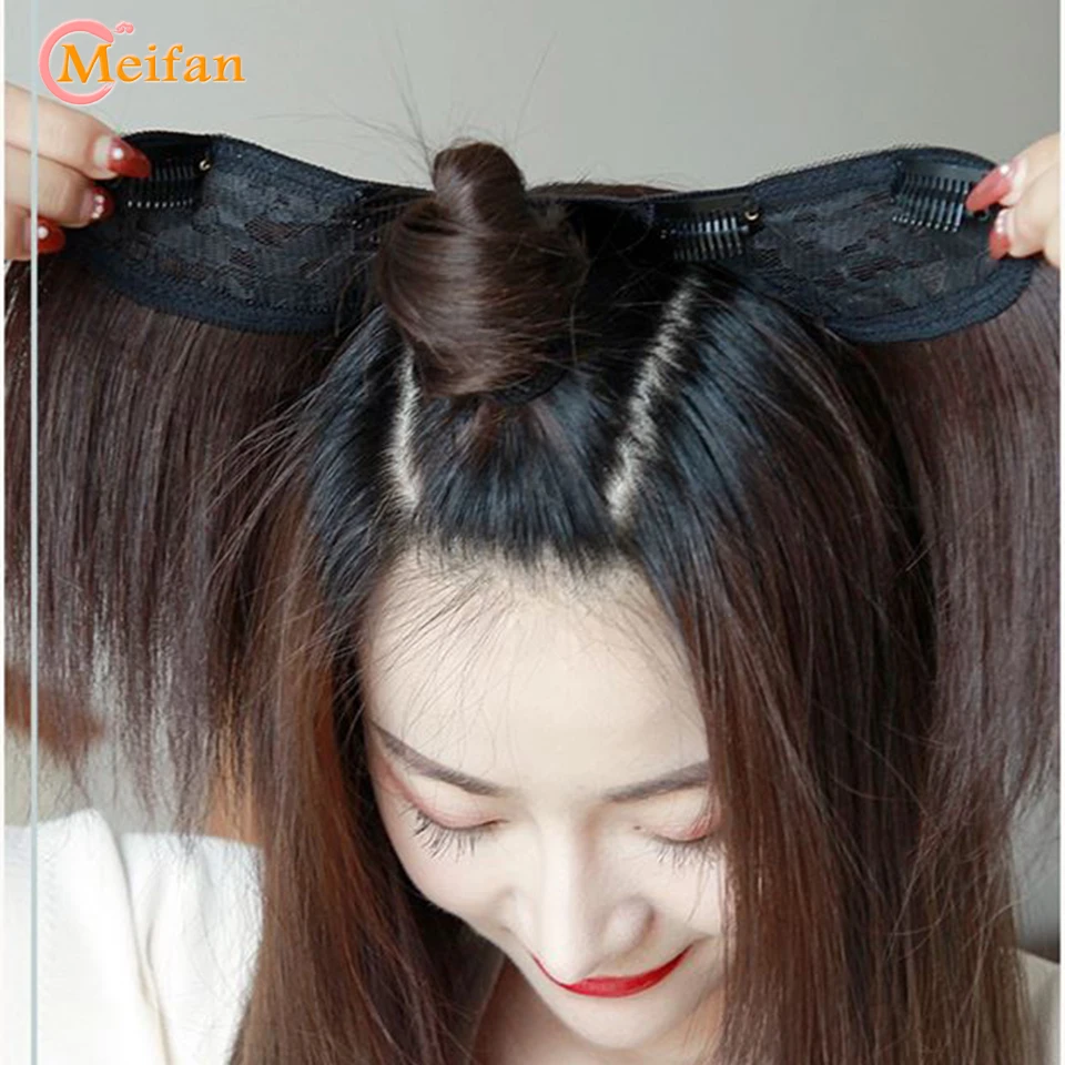 MEIFAN Synthetic Long Straight U-Shaped Half Head Wig for Women Black Brown Clips in Hair Extension Natural Fake Hairpieces