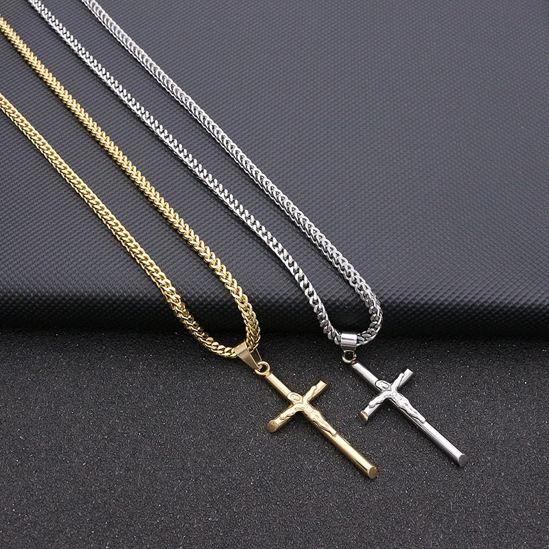 JSBAO High Quality Womens Cross Necklace Stainless Steel 60CM Chain Pendant  Cross Gold Color Mens Necklace For Women Best Gift image 2