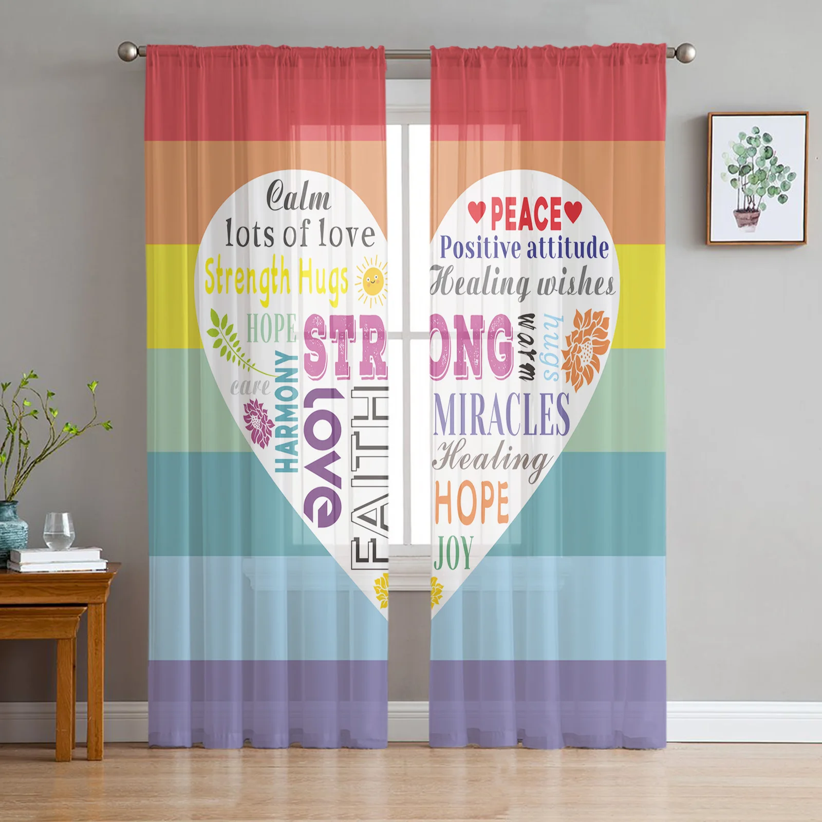 

Cure Text Rainbow Stripes Warm Hugs Voile Tulle Sheer Curtains for Bedroom Living Room Kitchen Decor Chiffon Windows Curtain