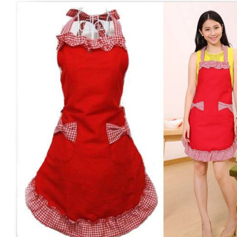 Cute Apron Retro Bowknot Plaid Ruffle Side Cooking Aprons With Pockets For Women Girls Adult Bibs Kitchen Coffee Shop Aprons