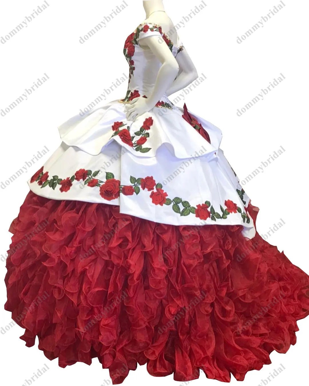 Vestido de baile de hada roja y blanca con hombros descubiertos, vestido de baile de graduación de quinceañera, flores florales, Charro, volantes satinados mexicanos XV, 2021