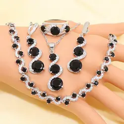 XUTAAYI  Silver Wedding Jewelry Sets For Women Flower Shape Black Zircon Bracelet Earrings Necklace Pendant Ring Gift Box