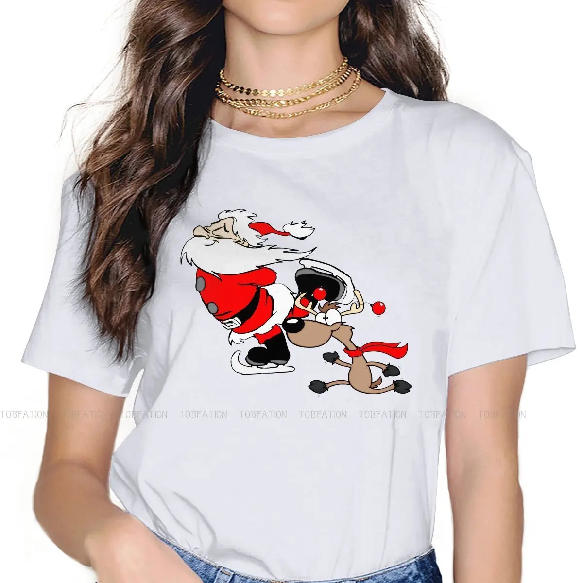 Santa Claus Ski Cute Girl Women T-Shirt Merry Christmas Happy New Year Blusas Harajuku Casual Short Sleeve Vintage Oversized Top