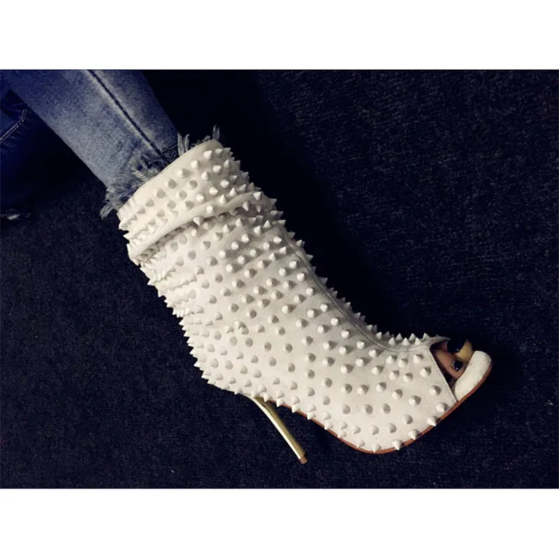 

Special Design White Rivet Studded Open Toe Boots Women Thin High Heels Stilettos Summer Ankle Boots Sexy Street Short Boots